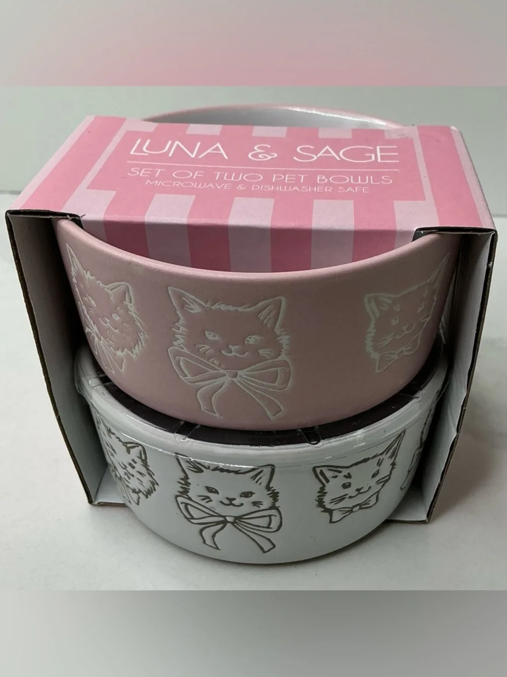 Luna & Sage PET BOWL CAT FACE WITH BOW PINK& IVORY NEW